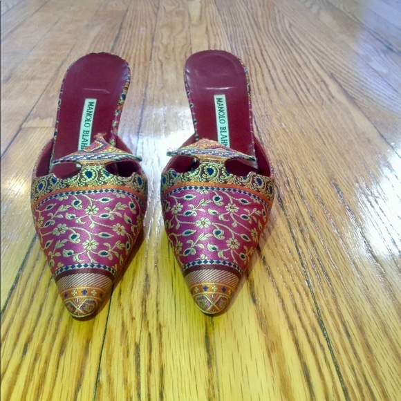 Manolo Blahnik Pink Paisley Mules Pointed Toe - Picture 5 of 8